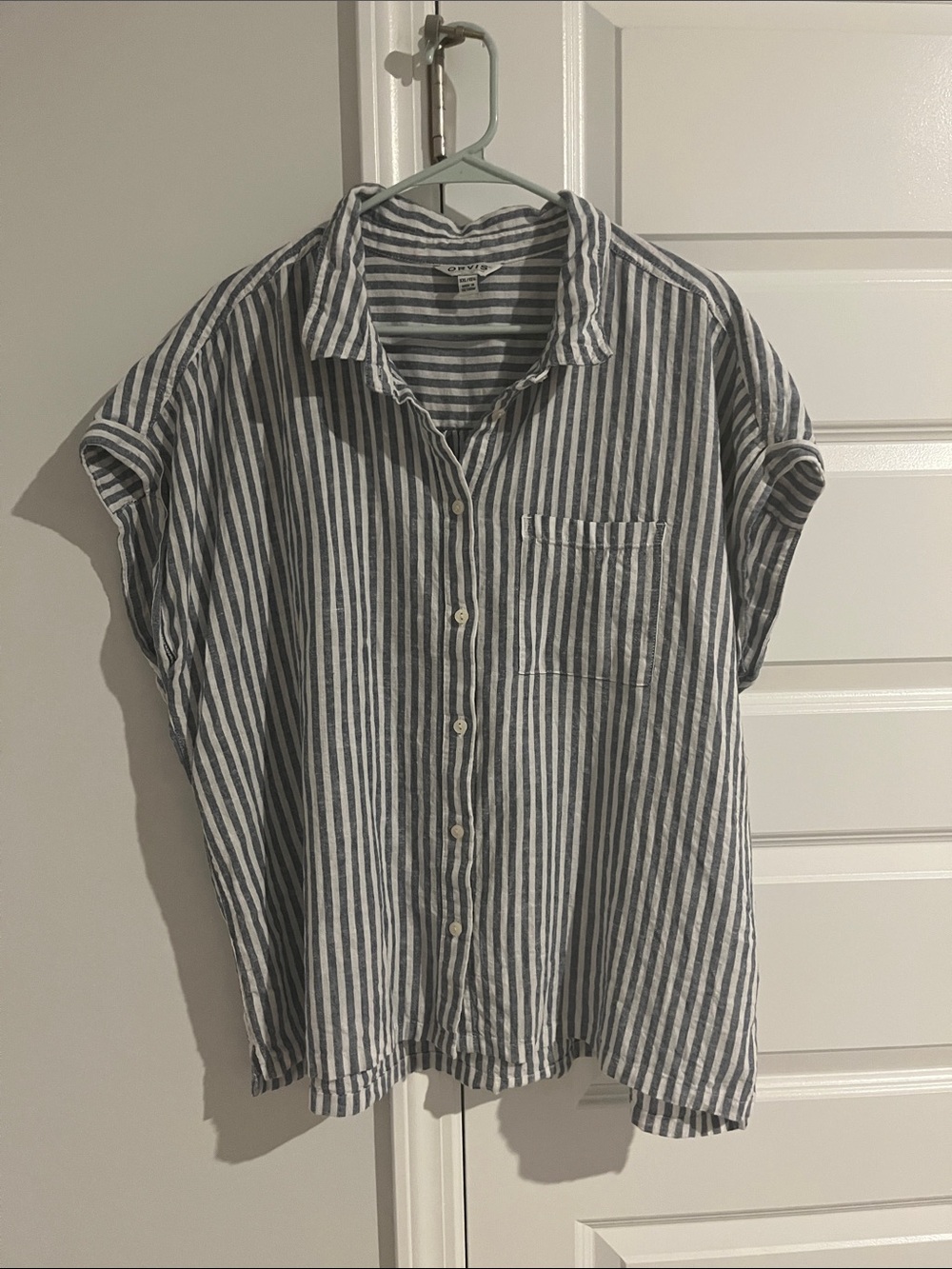 Orvis Navy and White Striped Button-Front Shirt linen